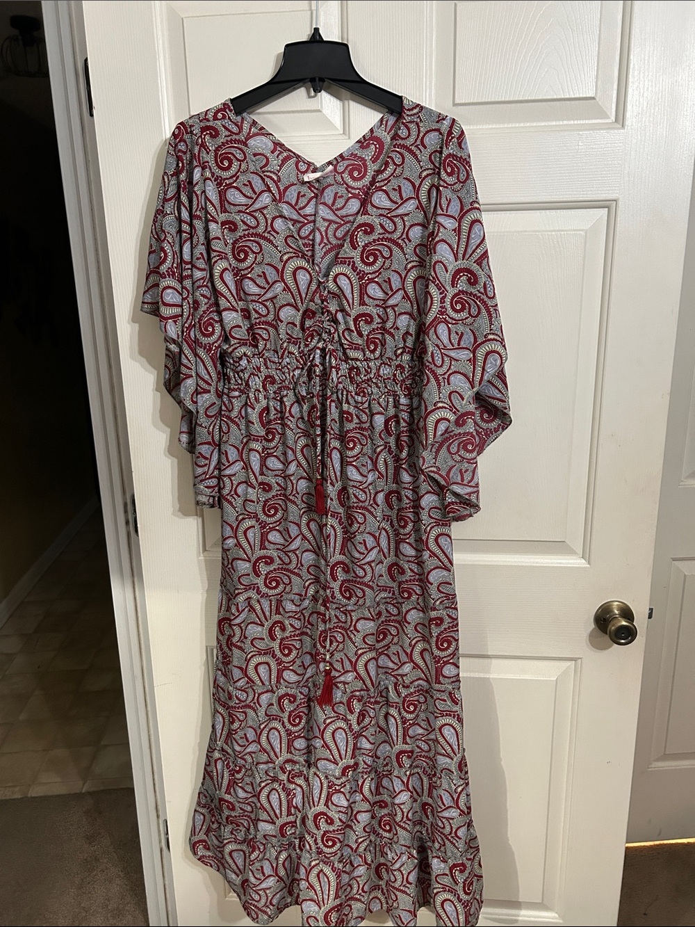 Paisley Tie-Waist Maxi Dress in Burgundy and White